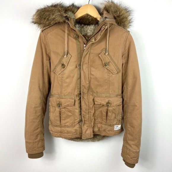 Aritzia TNA Fur Lined Brown Military Jacket Sz XS - Picture 2 of 8
